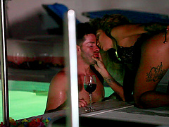 Beautiful woman with nice ass swims in the pool and gets fucked on the couch.