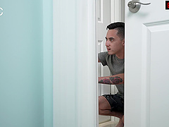 Shaved brunette gets her long hair washed with passion in the bathroom