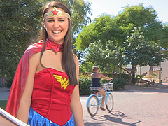 Real-life beauty with natural tits, wearing a costume, masturbates.