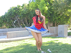 Real-life beauty with natural tits, wearing a costume, masturbates.