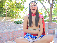 Real-life beauty with natural tits, wearing a costume, masturbates.