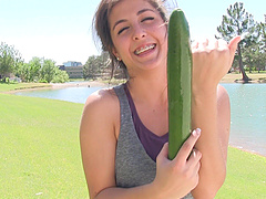 Beautiful brunette flashing her natural tits and pussy in a solo scene.