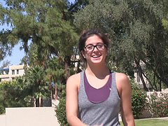 Beautiful brunette flashing her natural tits and pussy in a solo scene.