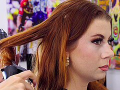 Redhead with long hair fucks backstage in the bedroom