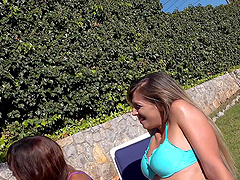 Beautiful brunette gets some poolside action with her co-workers.