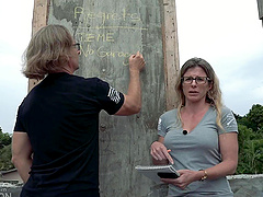 Beautiful woman with glasses Cory Chase in hot outdoor scene.