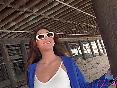 Beautiful woman with glasses gives a great blowjob in a public place.