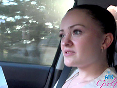 Beautiful woman with glasses has rough sex in a car