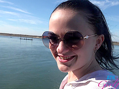 Beautiful brunette Imani Valor and her man have sex in public place.