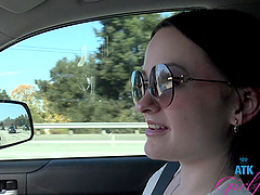 Beautiful woman with glasses Imani Valor enjoys outdoor sex in a car