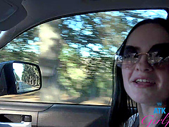 Beautiful woman with glasses Imani Valor enjoys outdoor sex in a car