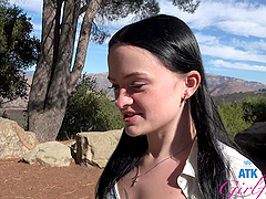 Beautiful woman with glasses Imani Valor enjoys outdoor sex in a car