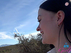 Beautiful woman with glasses Imani Valor enjoys outdoor sex in a car