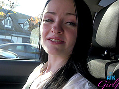 Beautiful woman with glasses Imani Valor enjoys outdoor sex in a car