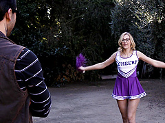 Cheerleader with Small Hands and her boyfriend have sex on the bed.