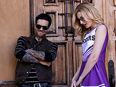 Cheerleader with Small Hands and her boyfriend have sex on the bed.