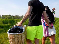 Gaby Hofstede and her lover make love outside in the woods.