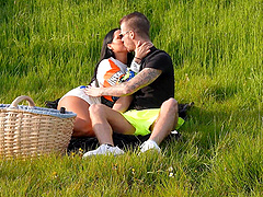 Gaby Hofstede and her lover make love outside in the woods.