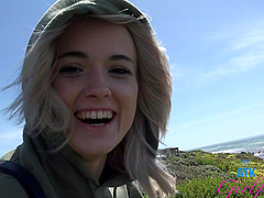 A blonde beauty enjoys a hot outdoor experience with her man.