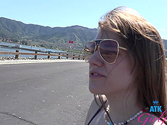 Beautiful woman with glasses has sex in her car