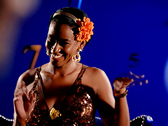 A super beautiful model is having fun with her new friend.