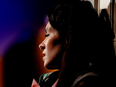 A super beautiful model is having fun with her new friend.