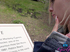 Public sex of young couple with a blonde teen in a risky spot