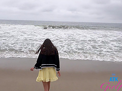 A couple are having fun outdoors with a stunning brunette, Summer Renee