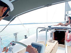 Cute girl Nelly Kent has sex with her boyfriend on the yacht