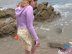 Skinny Selina Imai in pov action on the beach with pigtailed fun