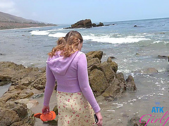 Skinny Selina Imai in pov action on the beach with pigtailed fun