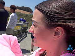 A hot brunette teen Summer Renee with long hair gets fucked on the beach