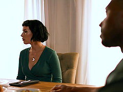 Olive Glass shares a big black cock with two other girls in an intense scene.