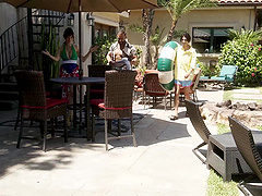 Brunette beauty Lexi Luna rides her man’s cock in a steamy scene.