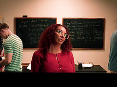 Bald pussy teacher gets her holes filled with cum in an mmf scene