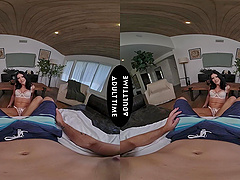 Queenie Sateen, the busty brunette, enjoys passionate sex with her boyfriend.