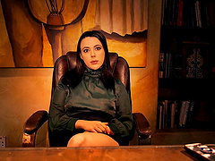 Two girls share a big cock in an intense threesome scene.