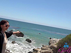 Brunette hottie Serena Hill with long hair enjoys outdoor sex