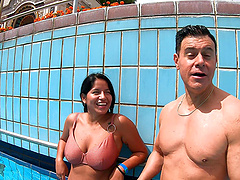 Latina with huge natural tits Amy Amor gets fucked by two cocks