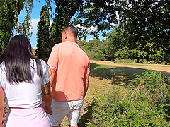 A guy fucks his girl with a big cock outdoors, featuring Claudia Bavel’s stunning curves.