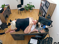 A mature guy fucked a young girl in an unconventional way in the office