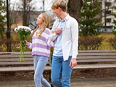 Blonde in jeans has sex in reverse cowgirl position