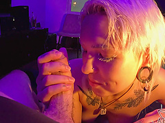 A blonde with big natural boobs does a blowjob and handjob in pov