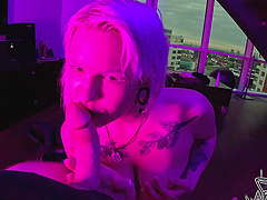 A blonde with big natural boobs does a blowjob and handjob in pov