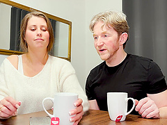 Chubby girl with big natural tits has sex in the shower