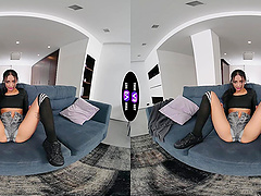 Petite brunette Breiny Zoe masturbates her bald pussy wearing sexy thongs