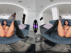 Petite brunette Breiny Zoe masturbates her bald pussy wearing sexy thongs