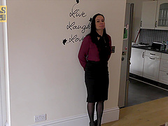 Hot brunette Eva May in stockings and lingerie, enjoying a rough ride