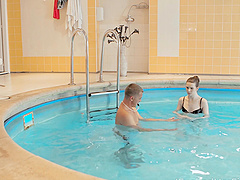 Skinny teen Sunny Honey enjoys sensual sex with her boyfriend by the pool