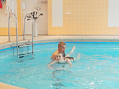 Skinny teen Sunny Honey enjoys sensual sex with her boyfriend by the pool